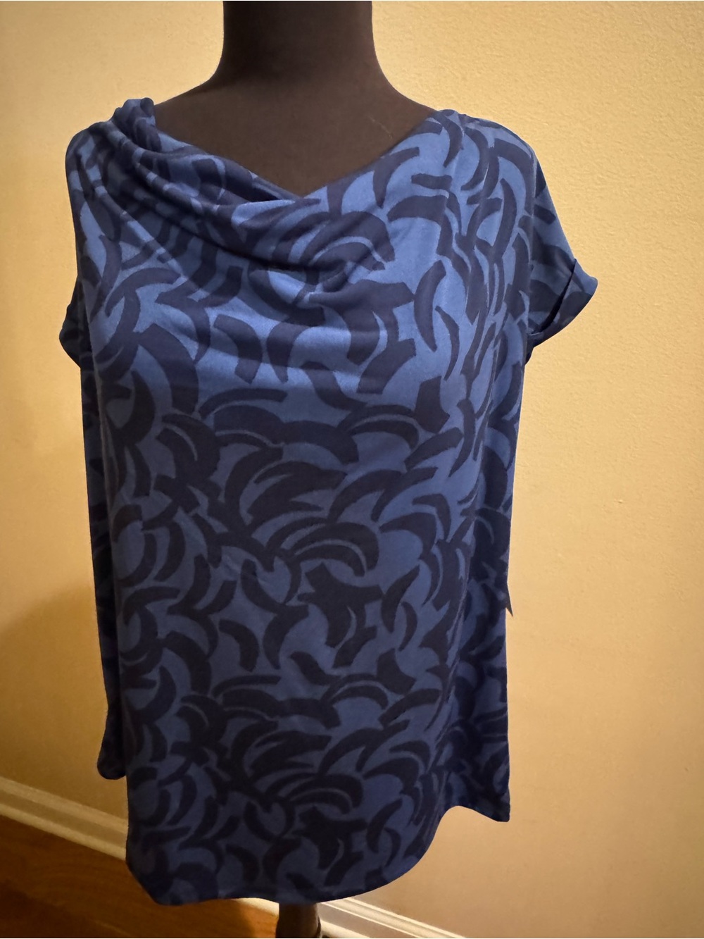 Dana Buchman Navy Blue Printed Drape Neck Top Womens XL
